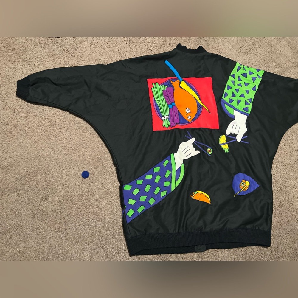 Vintage Silkscapes Colorful Graphic Black Jacket. READ DESCRIPTION